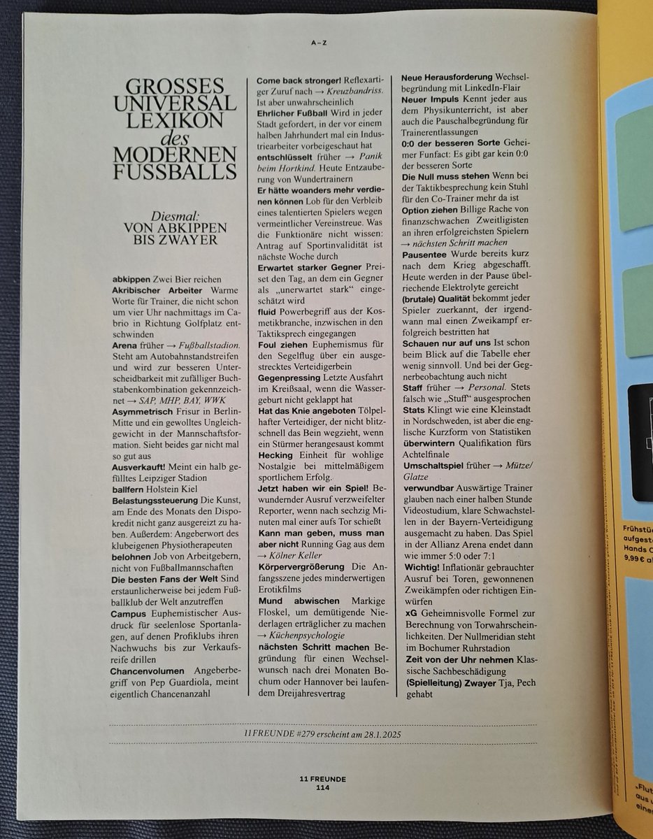 Die neue Rubrik in der <a href="/11Freunde_de/">11FREUNDE_de</a> hält, was sie verspricht: Sie überzeugt von A – Z.
Das inhaltspralle Vorhaben passt damit so gar nicht zu seinem inflationär verwendeten Synonym, das – zur Floskel verkommen – bald ebenfalls Eingang finden könnte:
Projekt, das (➡️ Reise, die).