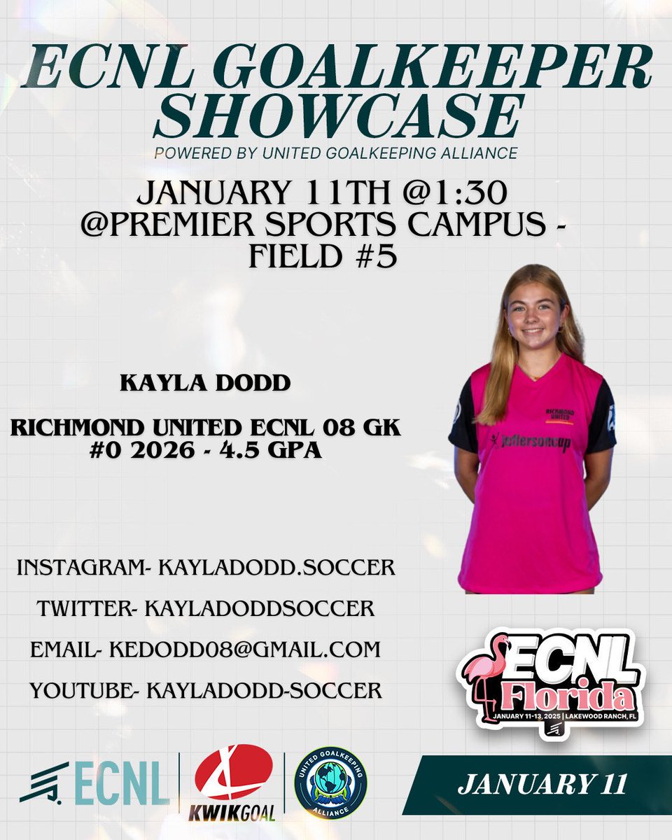 I will be participating in the GK showcase on Saturday the 11th! So excited and looking forward to training with top notch goalkeepers! <a href="/ugkalliance/">@unitedgkalliance</a> <a href="/ImYouthSoccer/">ECNL/GA/Recruiting/College Soccer</a> <a href="/ECNLgirls/">ECNL Girls</a> <a href="/TopDrawerSoccer/">TopDrawerSoccer</a> <a href="/TheSoccerWire/">SoccerWire</a> <a href="/PrepSoccer/">Prep Soccer ⚽️</a>