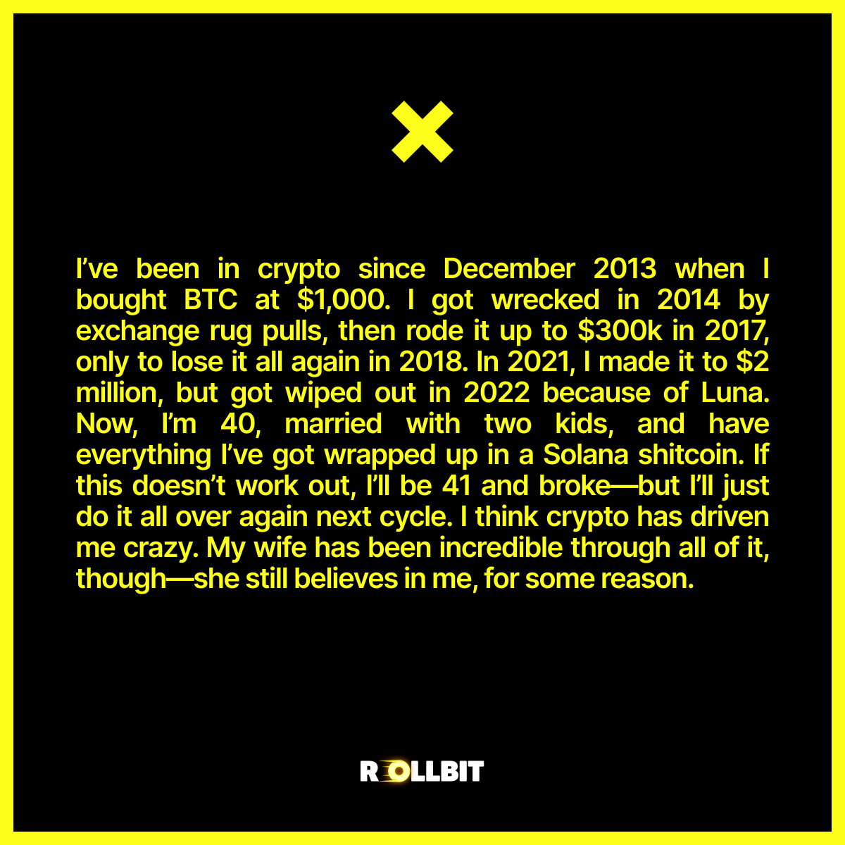 coinfessions's tweet photo. I’m 40, married with two kids, and have everything I’ve got wrapped up in a Solana shitcoin. https://t.co/U3A6rrWpLn