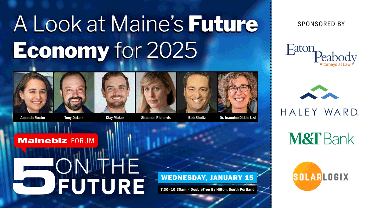 🗓️ Just 10 days to Five on the Future! 
The economic landscape for 2025 is shaping up, and you won’t want to miss what’s ahead. Join us on 1/15 to uncover what’s next for Maine.

Register: ow.ly/btrF50UzBe9

Sponsors: <a href="/EatonPeabody/">Eaton Peabody</a>, @Haley_Ward_Inc, <a href="/MandT_Bank/">M&T Bank</a>, SolarLogix