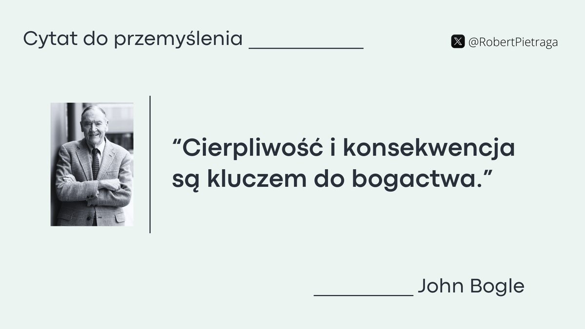 RobertPietraga's tweet photo. #Cytaty #Finanse #Inwestycje 

🔸 #JohnBogle

Bogle był założycielem Vanguard Group i pionierem funduszy indeksowych, które zrewolucjonizowały inwestowanie, czyniąc je tańszym i bardziej dostępnym dla indywidualnych inwestorów.

Jego fundusz Bridgewater Associates osiągał imponujące wyniki z uśrednioną roczną stopą zwrotu w wysokości ~12% (po opłatach) od lat 70. do 2023 r.
Najbardziej znany jest jednak z konsekwentnych wyników nawet w czasach kryzysów, np. podczas globalnego kryzysu finansowego w 2008 r.

Data urodzenia: 8 maja 1929 r.
Data śmierci: 16 stycznia 2019 r.

🔁#PodajDalej ku inspiracji.    
#akcje #zysk #strata #ryzyko #rynek #cytat4