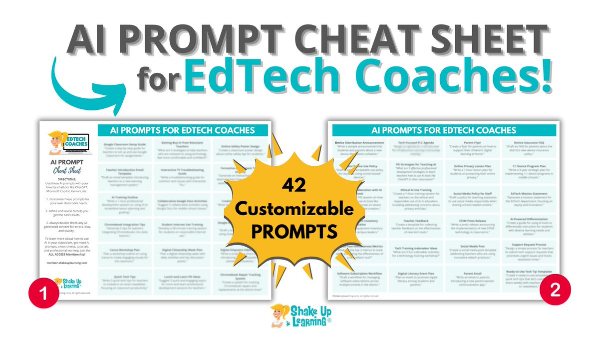 ShakeUpLearning's tweet image. 🚨 NEW Cheat Sheet Alert!
💥 AI Prompt Cheat Sheet for #EdTechCoaches! (free for members)
member.shakeuplearning.com/offers/Xt5TfPs… #FETC #TCEA #edtech #edchat #techcoach #educoach #aiineducation #aiinedu #googleedu