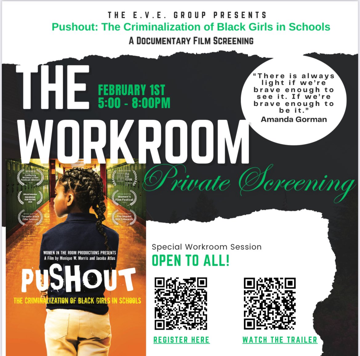 Join @empowerment_village_education (Instagram) for a private virtual screening of the documentary “Pushout: The Criminalization of Black Girls in Schools.” This powerful documentary sheds light on how we can better support Black girls in educational spaces. Register now and help