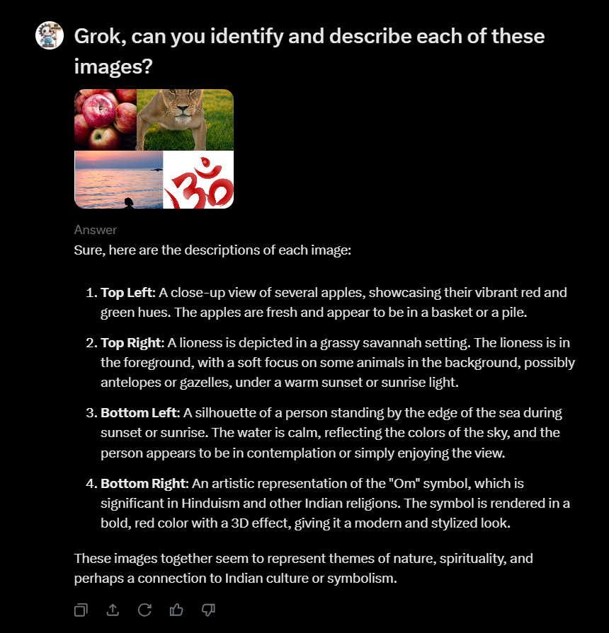 nooffenceai's tweet image. The result I received was unbelievable, Incredible.
@grok has successfully identified all the objects and its color, not limited to that it has analyzed the mood and nature of each of them also with significance of it.
#GrokObjectTest #AccuracyCheck
4/6