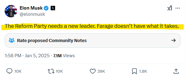 docrussjackson's tweet photo. 🚨 Farage distances himself from Tommy Robinson in attempt to widen Reform UK's appeal

Musk calls for Tommy Robinson to be released

Farage says he doesn't agree with everything Musk says

Musk says "Reform needs a new leader (as) Farage doesn't have what it takes".

Glorious 🍿 https://t.co/VDTOAuOyRJ