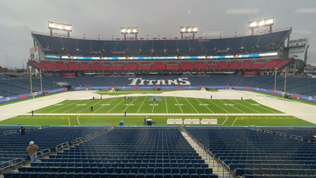 Jim Wyatt (@jwyattsports) on Twitter photo Tarp coming up at <a href="/NissanStadium/">Nissan Stadium</a> during a rainy morning in Nashville ahead of <a href="/Titans/">Tennessee Titans</a> vs <a href="/HoustonTexans/">Houston Texans</a>. Tarp coming up at <a href="/NissanStadium/">Nissan Stadium</a> during a rainy morning in Nashville ahead of <a href="/Titans/">Tennessee Titans</a> vs <a href="/HoustonTexans/">Houston Texans</a>.