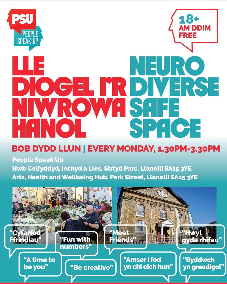 Carers Support West Wales (@carerssupportww) on Twitter photo Neuro Diverse Safe Space - If you are aged 18+ and would like to make friends, meet people, be creative and a space for you to be you, pop along tomorrow! No booking necessary.
To find out more info please contact People Speak Up. info@peoplespeakup.co.uk 01554 292393 Neuro Diverse Safe Space - If you are aged 18+ and would like to make friends, meet people, be creative and a space for you to be you, pop along tomorrow! No booking necessary.
To find out more info please contact People Speak Up. info@peoplespeakup.co.uk 01554 292393