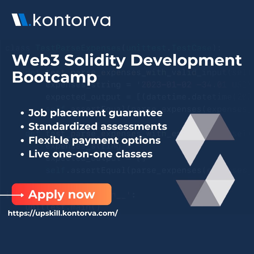 kontorva's tweet image. Kontorva’s Web3 Solidity Bootcamp is your chance to learn the skills that power decentralized finance, NFTs, and more. Our next cohort starts Feb 5th, 2025, Applications close Jan 26th.
👉Apply now: upskill.kontorva.com
#SolidityDevelopment #BlockchainCareers #Kontorva