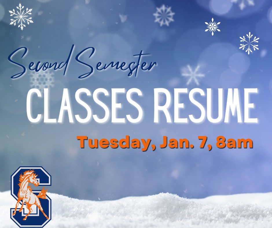 Monday, January 6th is District Institute Day (Staff). 
2nd semester classes begin Tuesday, January 7th at 8am.
