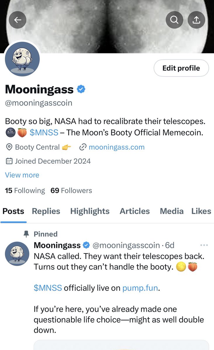 mooningasscoin's tweet photo. We made it to a very important number of followers, letโs see if we can get to the next milestone of 169 ๐๐๐ #mooningass #LetsGoToTheMoon https://t.co/Z4FaeosuSv