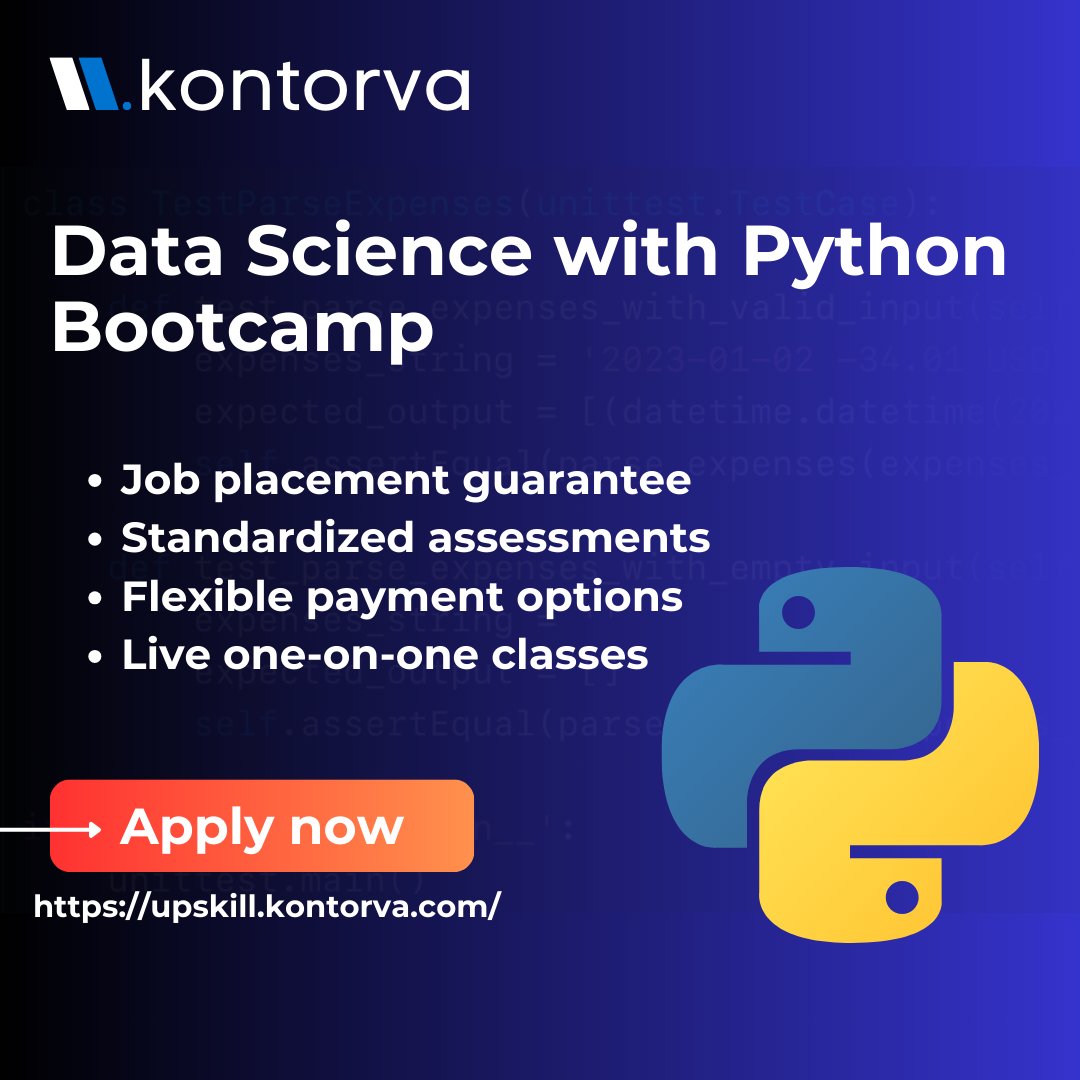 kontorva's tweet image. Kontorva’s Data Science with Python Bootcamp is your gateway to mastering Python for analysis, machine learning, and AI. The program kicks off Feb 5th, 2025. Applications close Jan 26th, and seats are limited. 
👉 Apply here: upskill.kontorva.com
#DataScienceJourney #PythonAI