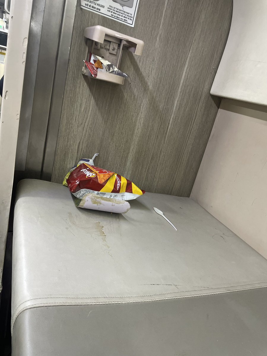 PromptPilotAcad's tweet photo. We have boarded Train no 12913 from Indore, PNR 8427186790 and it is very dirty. Coaches not cleaned at the destination stop. Cockroaches roaming around, used plates everywhere, Toilets stinking.  Kindly take action on top priority. https://t.co/V66BNPsF9m