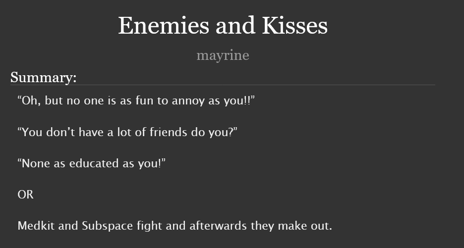 May_mayrine's tweet photo. surprise #subkit fic attack! #phiting
this is a shortish 3k words fic where subspace is an asshole but medkit loves him anyway
https://t.co/shsdDBt0mU
this fic was for my lovely bf @Bladeddrone!! love u darling :33 https://t.co/qzdUK4XVam
