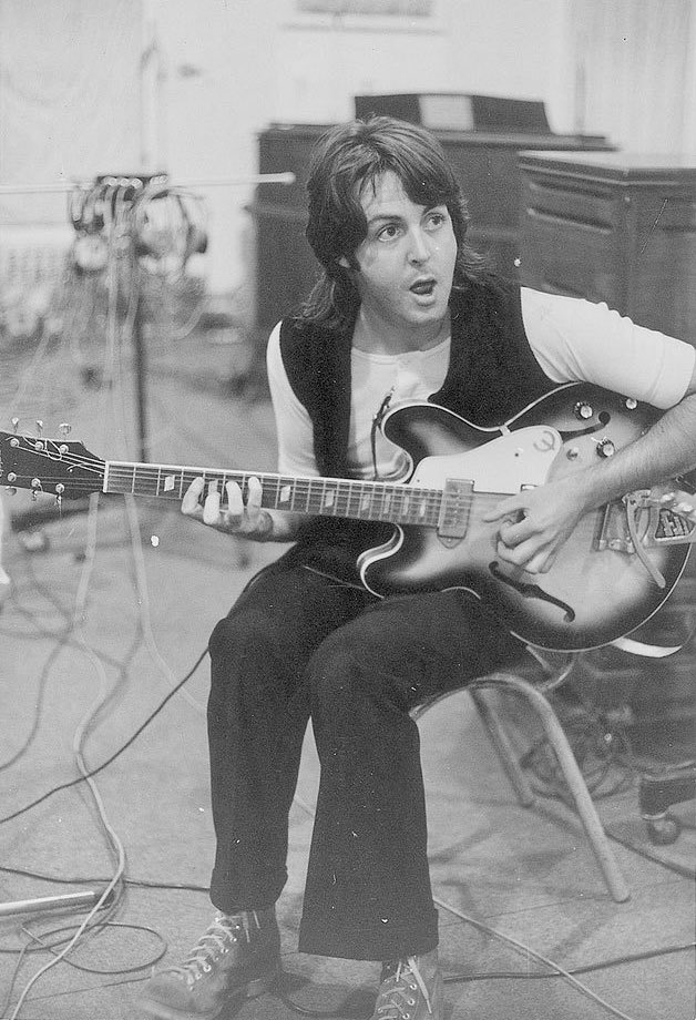 George Harrison and Paul McCartney playing guitar at Abbey Road Studios, July 9, 1969. Photos by Linda McCartney.