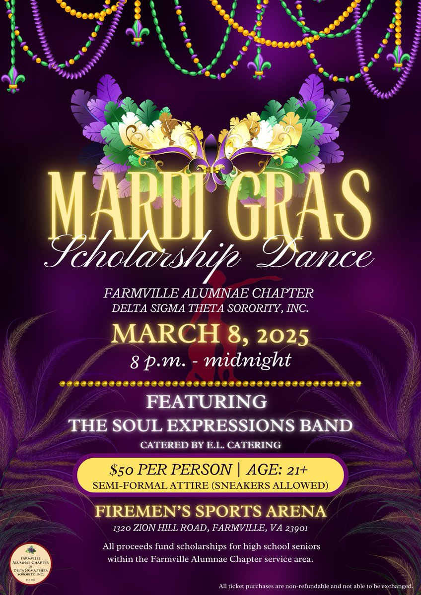 FACDST's tweet photo. 🌟 Join us for our Mardi Gras scholarship dance on Saturday, March 8. 💜💛💚 Dance the night away as we party with a purpose of raising funds for scholarships to help high school seniors further their education. Contact a member of our chapter to purchase tickets. 🎟🎟 https://t.co/6g3Ck3hGVT