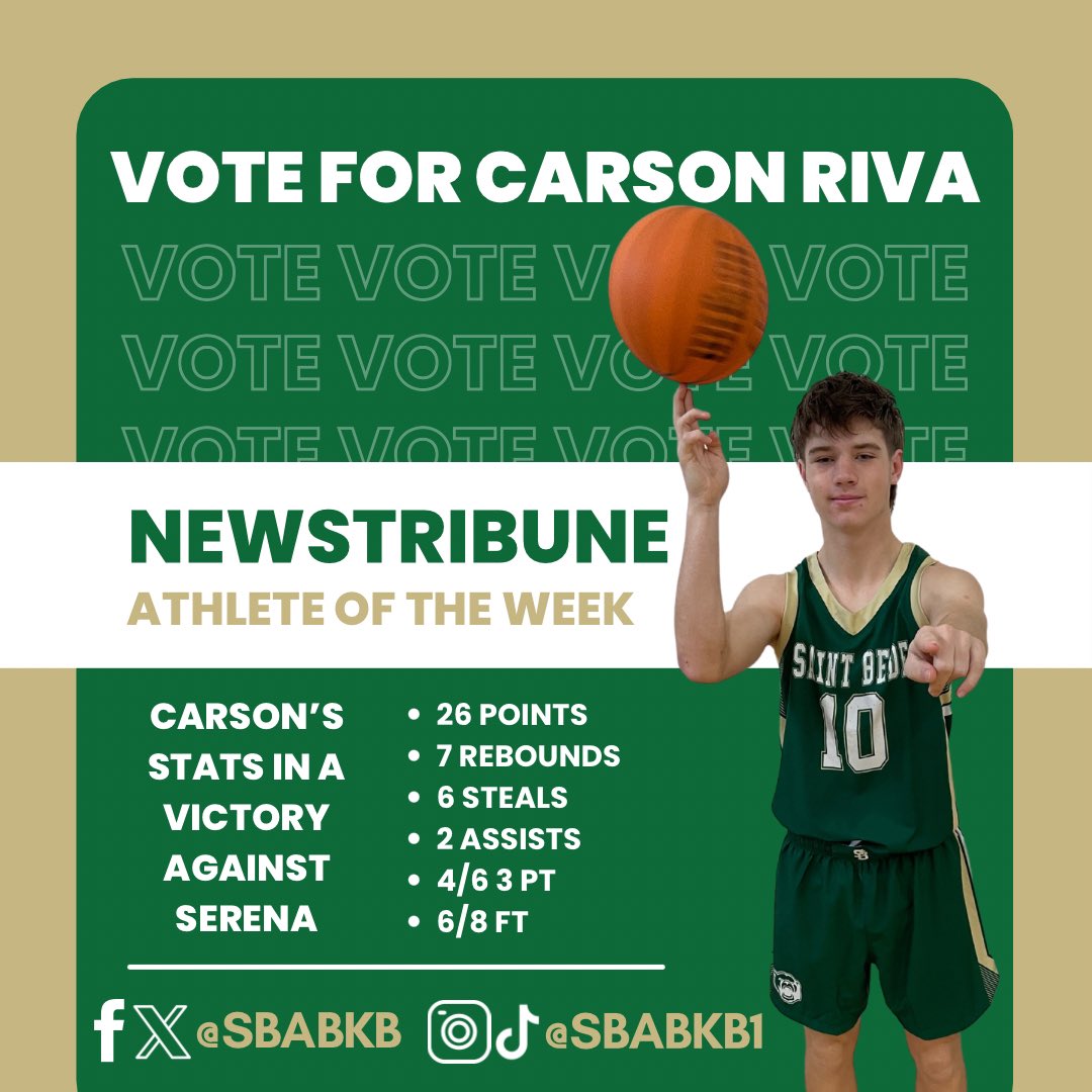 Our very own Carson Riva is up for NewsTribune Athlete of the Week after his phenomenal game against Serena! Voting ends Wednesday at noon! 🗳️🏀🐻 #stbedeacademy #stbedebruins #sbabkb #ihsa 

newstrib.secondstreetapp.com/NewsTribune-At…
