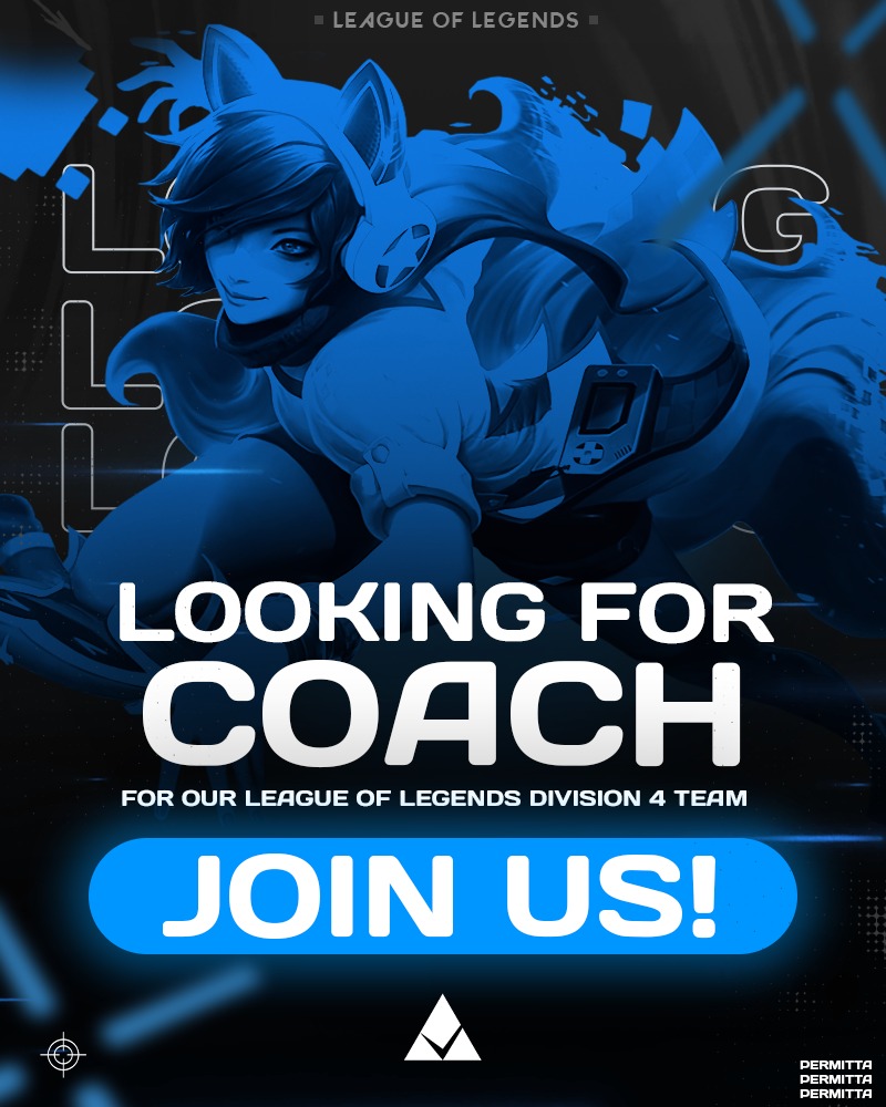 Wir suchen einen engagierten League of Legends Coach für unser Division 4-Team!🔎
Du hast Erfahrung im Coaching oder möchtest deine Leidenschaft für den Sport mit einem motivierten Team teilen? 
Dann bewirb dich jetzt und werde Teil unserer Community.  Weitere Informationen und