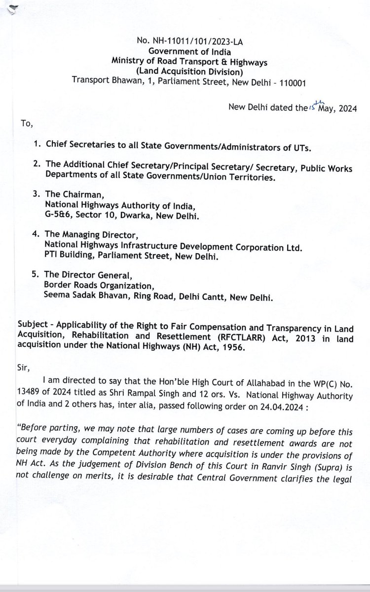HemantSirohi1's tweet photo. @nitin_gadkari @OfficeOfNG Ji, under the amendment:
“Provisions of this Act for compensation (1st Schedule), rehabilitation (2nd Schedule), & amenities (3rd Schedule) apply to enactments in the 4th Schedule from 1st Jan 2015.”

@MeerutRail (Enactment 6) complies, @NHAI_Official (Enactment 7) does NOT.
If @DmMeerut can announce schemes for RRTS Corridor under RFCTLARR Act, 2013, as confirmed by @AmitGhoshIAS (4.2), why hasn’t @MORTHIndia done the same for #NHAI acquisitions since 2015?

@MORTHIndia under your leadership has deprived displaced families of legitimate rights. Where is accountability?

Good governance isn’t mere rhetoric—it demands action.

Also, @santosh_nhai has misled courts in NH-709A. The DPR included ₹5.02 Cr for R&R. Where has this amount gone? Legitimate answers awaited!
2/2

@PTI_News @CNBCTV18Live @BBCWorld @BBCBreaking @DeccanHerald 

@rashtrapatibhvn  
@VPIndia  @PMOIndia   
@AmitShah 
@HMOIndia @AmitShahOffice 
@nsitharaman 
@FinMinIndia
@cabsect_india  @LokSabhaSectt @Rajyasabhasectt  @MLJ_GoI @GC_Murmu @JPNadda @BSYBJP @sarbanandsonwal @drlaxmanbjp @ILalpura @drsudhayadavBJP @BJP_DrJatiya @blsanthosh @BJP4India @ncbn
@NitishKumar
@mieknathshinde
@iChiragPaswan
@H_D_Devegowda
@jayantrld
@PawanKalyan
@ajitpawarspeaks
@AnupriyaSPatel
@SudeshMahtoAJSU
@santoshmanjhi
@himantabiswa
@Prafull84564989

#ModiKiGaurantee 
#ModiAgainstCorruption
#DelhiElection2025 #DelhiAssemblyElections