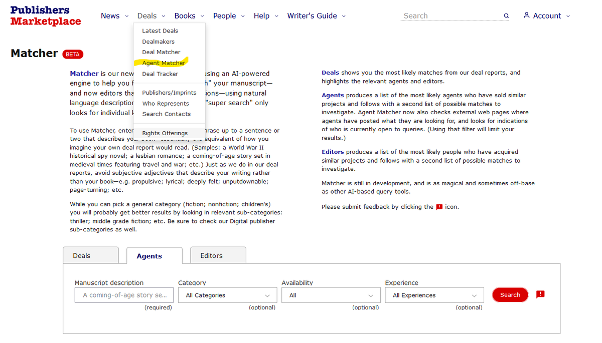 Bryan Dawe (@dawebryan) on Twitter photo <a href="/joelbrigham/">Joel Brigham</a> I make my query list from all the things you mention and almost always the last was Publishers Marketplace for deals, rank, and numbers, then I found this super helpful piece, the agent matcher. A few parameters and voila a list, a great starting point. <a href="/joelbrigham/">Joel Brigham</a> I make my query list from all the things you mention and almost always the last was Publishers Marketplace for deals, rank, and numbers, then I found this super helpful piece, the agent matcher. A few parameters and voila a list, a great starting point.