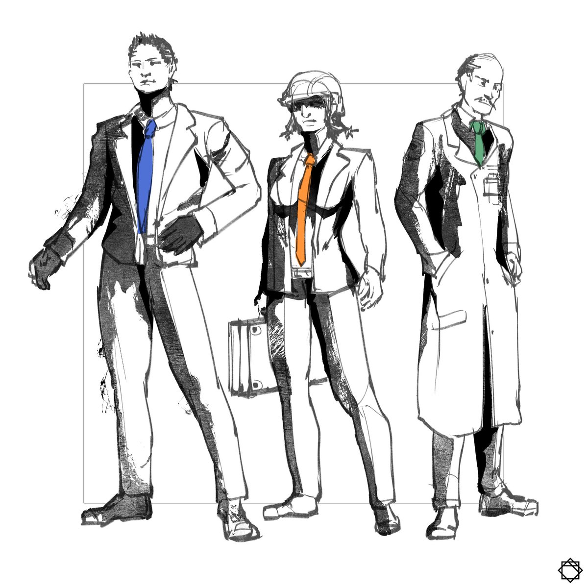 The "Staff" agents of S.T.A.T.E, the operational core of our company! Each tie color represents their specialized section:

🟠 Orange – "Engineering"
🔵 Blue – "Security"
🟢 Green – "Biology"

Which section'd you pick?

#sketch #digitalart #artist #conceptart