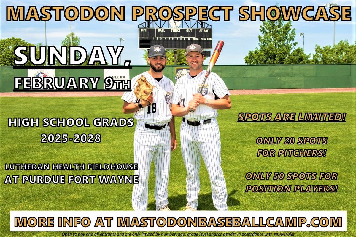 ATTENTION HIGH SCHOOL PROSPECTS‼️

🚨 Discount applied now through the end of this week (Sunday 1/12) for early registration! 🐘

Register at ⬇️ mastodonbaseballcamp.com
