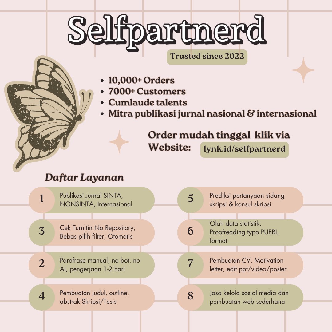 selfpartnerd's tweet photo. Butuh bantuan publikasi jurnal, skripsi, atau desain?  

Selfpartnerd here 🙌🏻

Kami menyediakan jasa parafrase, cek Turnitin, konsultasi skripsi, publikasi jurnal, pembuatan judul skripsi, dll. Cek selengkapnya di https://t.co/gDlsP2PEvT

Berpengalaman 10k+ orders 🤗 https://t.co/9Xd69bKlV2
