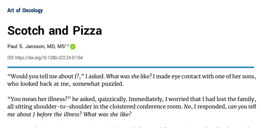 RyanNipp's tweet image. Art of Oncology: “Scotch and Pizza.”

ascopubs.org/doi/10.1200/JC…

@ASCO @JCO_ASCO @JCOOP_ASCO 
#PallOnc #hpm #SuppOnc #GeriOnc #PalliativeCare 
@BrighamWomens @harvardmed @l_schapira
