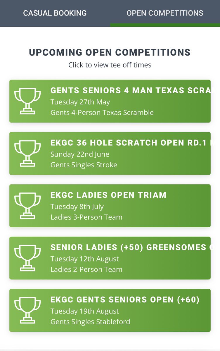 <a href="/EKGolfClub/">East Kilbride GC</a> 2025
Open Competitions (see att.)

Get your entries in for relevant EK Open Comps.👍

Please visit the East Kilbride GC website, visitor tee bookings and select "open competitions, and select your tee time and pay online.