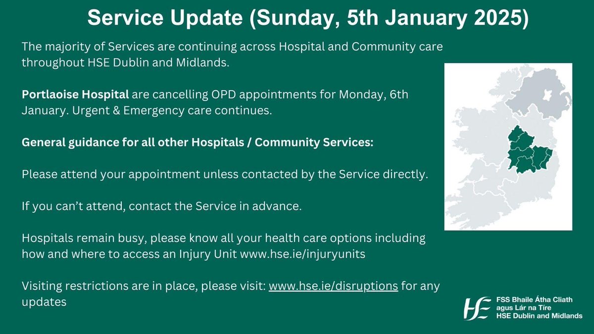HSE Dublin and Midlands (@hsedubmidlands) on Twitter photo ‼️ Service Update #MRHPortlaoise is contacting patients to cancel OPD appointments tomorrow, Monday 6th Jan
Patients will be rescheduled as a priority.
#sneachta
<a href="/HSELive/">HSE Ireland</a> <a href="/LaoisToday/">Laois Today</a> <a href="/LSNationalist/">Laois Nationalist</a> <a href="/LaoisCouncil/">Laois County Council</a> <a href="/Midlands103/">Midlands103</a> ‼️ Service Update #MRHPortlaoise is contacting patients to cancel OPD appointments tomorrow, Monday 6th Jan
Patients will be rescheduled as a priority.
#sneachta
<a href="/HSELive/">HSE Ireland</a> <a href="/LaoisToday/">Laois Today</a> <a href="/LSNationalist/">Laois Nationalist</a> <a href="/LaoisCouncil/">Laois County Council</a> <a href="/Midlands103/">Midlands103</a>