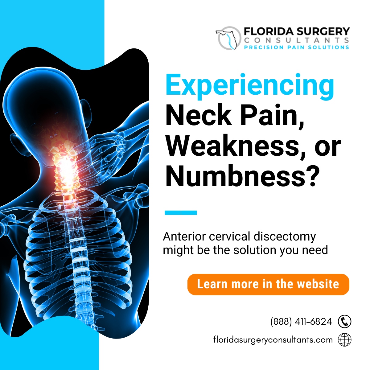 Experiencing neck pain, weakness, or numbness? Anterior cervical discectomy might be the solution you need. Visit our website to learn if this minimally invasive surgery is right for you!

floridasurgeryconsultants.com/anterior-cervi…

#floridasurgeryconsultants #neckpain
