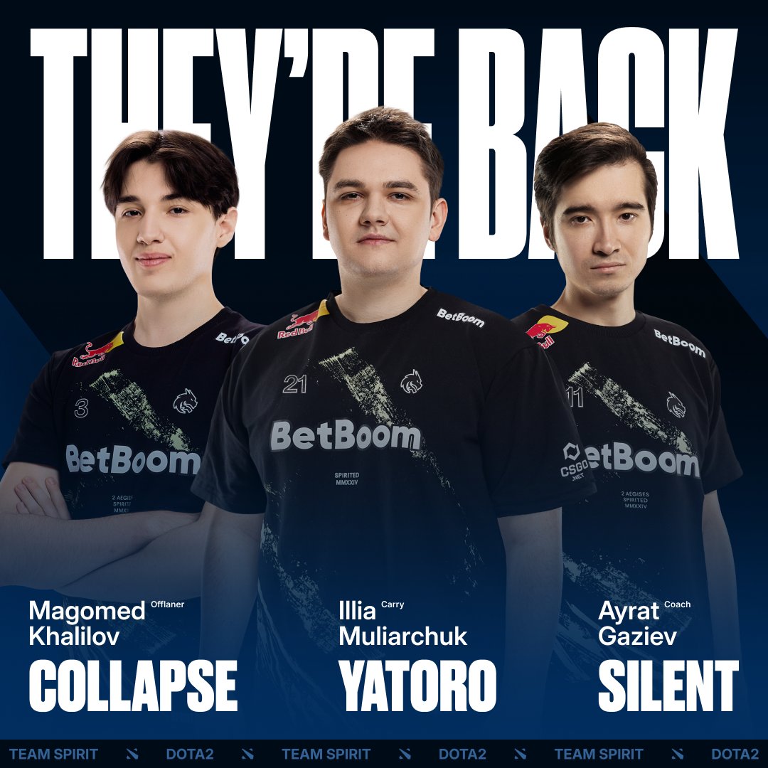 Team Spirit is happy to announce that Magomed <a href="/Collapse1221/">Maga Halilov</a> Khalilov and Airat <a href="/Silentdota2/">Silent</a> Gaziev are returning to our Dota 2 roster after a vacation.

Illya Yatoro Mulyarchuk is returning as well, which means Alan <a href="/satanicdota/">Satanic</a> Gallyamov becomes a substitute.