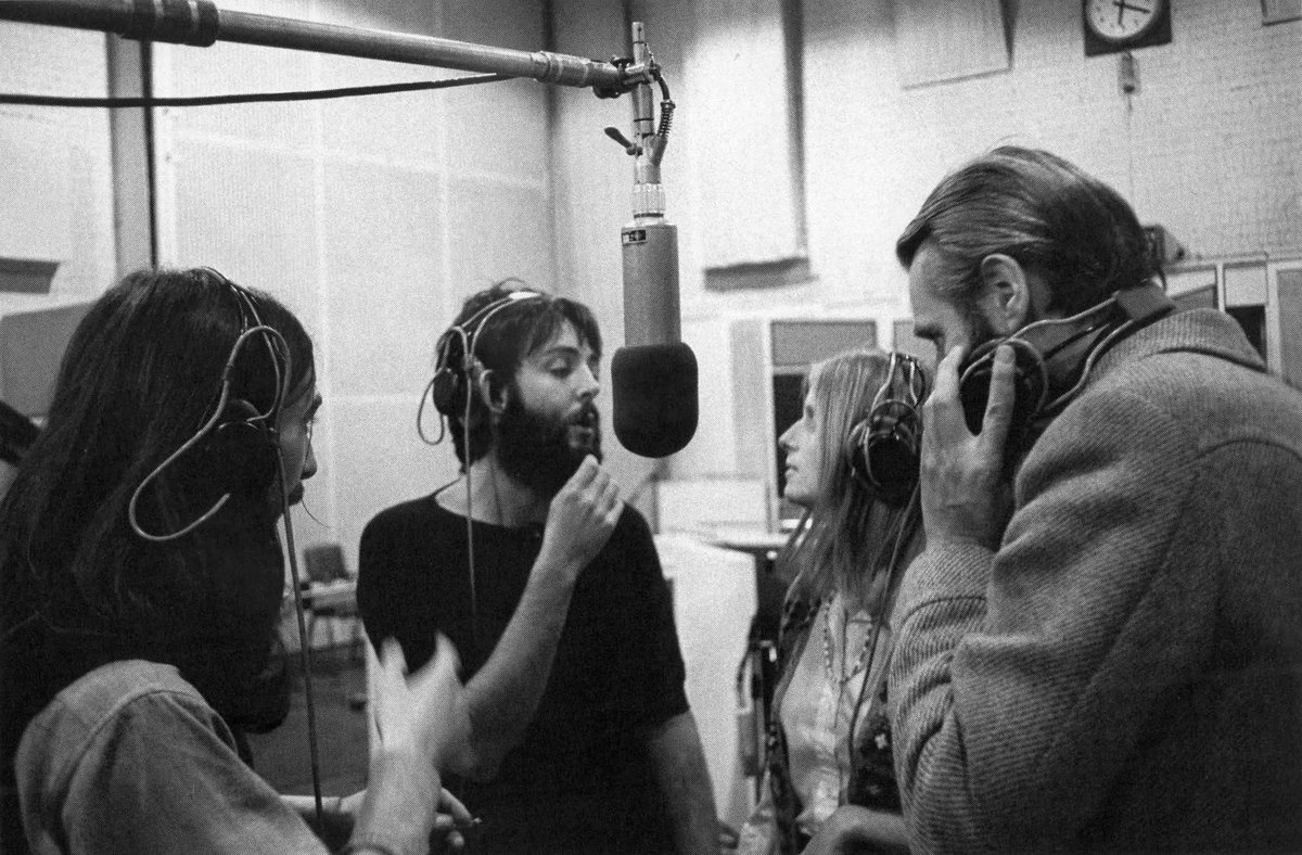Paul McCartney, Ringo Starr and George Harrison, Linda McCartney and George Martin working on the overdubs of “I Me Mine” and “Let It Be” at Abbey Road Studios, on January 3 and 4, 1970.