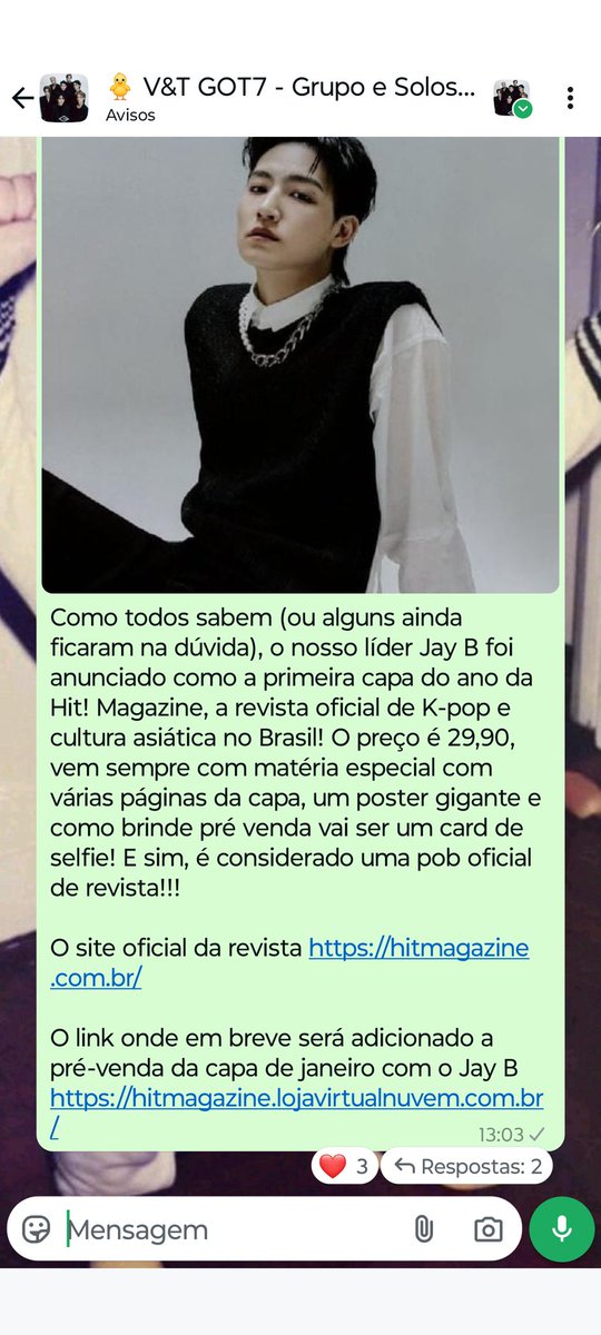 Divulgação da capa de janeiro da <a href="/hitmagazinebr/">HIT! Magazine</a> a todo vapor na comunidade de V&amp;T do GOT7 no WhatsApp