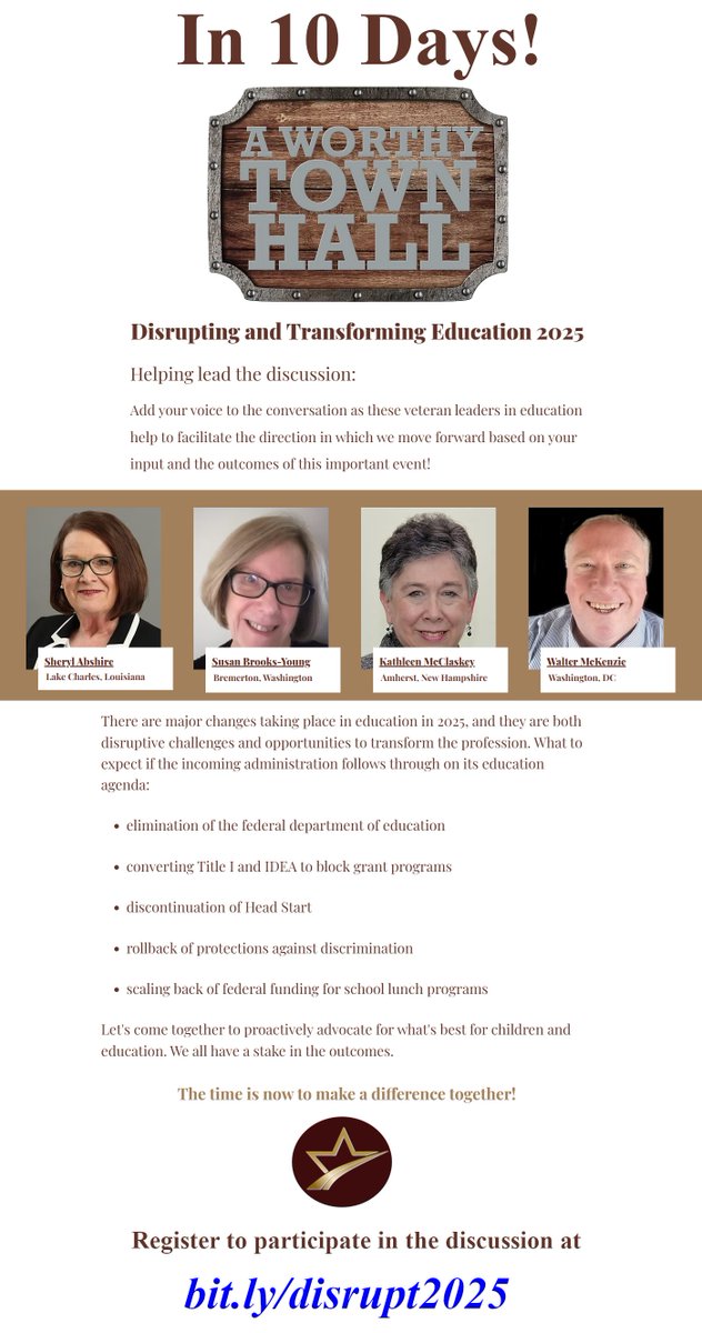 In 10 days join Kathleen, Sheryl, Susan and me as we plan the way forward to respond to the challenges in education in 2025! Register now to participate at bit.ly/disrupt2025 ! <a href="/khmmc/">Kathleen McClaskey</a> <a href="/sherylabshire/">Sheryl Abshire, Ph.D.</a> #twe #edchat #edutwitter #edreform #edleadership #teachertwitter #K12