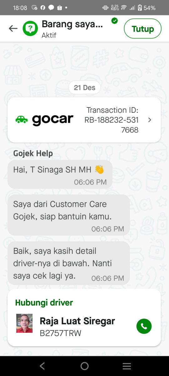 Bapak Ibu di Gojek, tolong dong barang saya yang tertinggal ini dimana bisa saya ambil. Orang ini tidak mau menjawab Telpon saya: dan saya sudah email dan komplen ke GOJEK hanya dijawab dengan chat dibawah. PLEASE HELP ME TO GET MY STUFF!!!!!! Sudah lama sekali <a href="/gojekindonesia/">Gojek Indonesia</a>