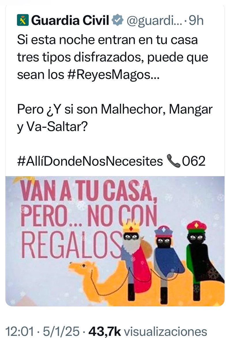 Nuestro CM se ha hecho 💩 y ya borrado el tweet. Cómo yo solo veo a tres personas con pasamontañas y me parece gracioso el tweet, os animo a todos a compartirlo. Hoy Paco es el CM de la benemérita 😎
