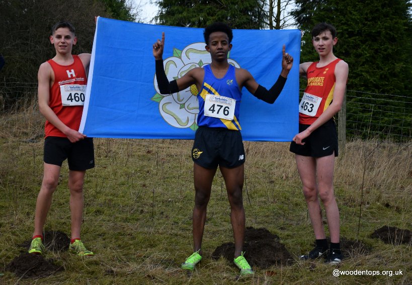 BU15 Yorkshire Cross Country Championship race L-R  2nd Thomas Thake Hallamshire Harriers 15.26, champion Yarid Alem Leeds City AC 15.23 &amp; 3rd Arran Robson Harrogate Harriers 15.37 <a href="/HarriersH/">HallamshireHarriers</a> <a href="/hharriers/">Harrogate Harriers</a>  <a href="/AthleticsWeekly/">AW</a> <a href="/NorthernAthlet1/">Northern Athletics</a>