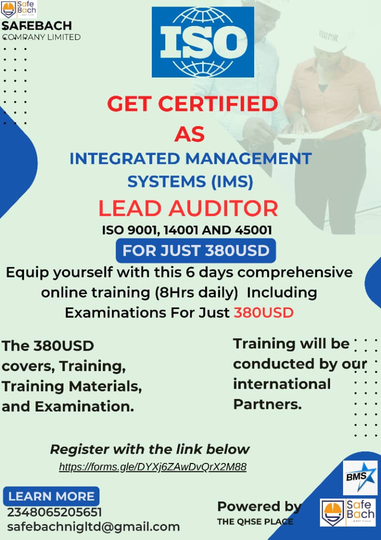 Baritule3's tweet photo. With just 380USD,   you can get a 3 in 1 Integrated  Management  System  Lead Auditor certificate.  
Safe cost by enrolling  in IMS,    instead  of paying  as high as 280USD  for one Management system.  Send a dm for more details https://t.co/kkPH1M5ei6