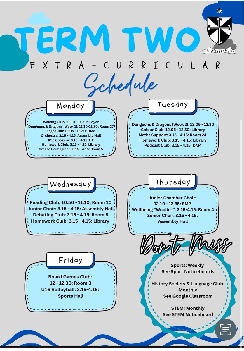 Welcome back to all our pupils on Monday 6th January- a Week Two. Below is a list of this term’s extra-curricular activities.