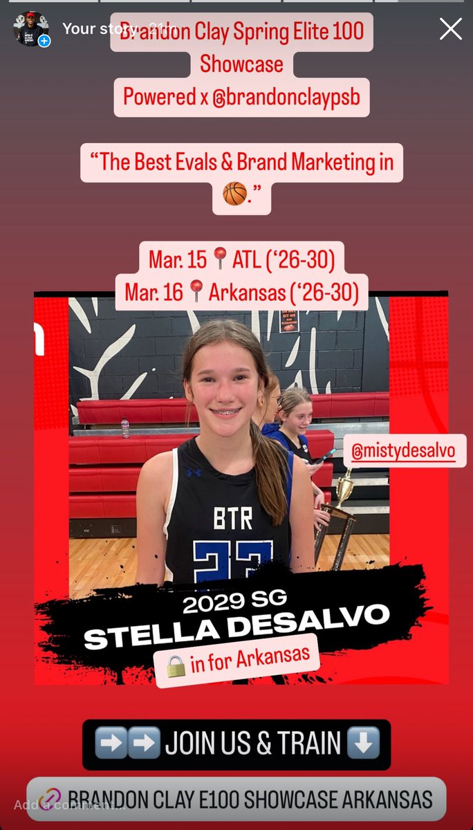 B r a n d o n C l a y (@brandonclaypsb) on Twitter photo Brandon Clay Spring Elite 100 Showcase
Powered x @brandonclaypsb
โThe Best Evals & Brand Marketing in ๐.โ
Mar. 15๐ATL (โ26-30)
Mar. 16๐Arkansas (โ26-30)
๐ฃ๏ธ NO INVITE NEEDED
โ29 <a href="/StellaDeSalvo29/">Stella DeSalvo</a> ๐ in for Arkansas.
Whoโs Next
<a href="/libby_counts/">Libby Counts</a>
<a href="/kenadybarrett12/">Kenady Barrett</a> Brandon Clay Spring Elite 100 Showcase
Powered x @brandonclaypsb
โThe Best Evals & Brand Marketing in ๐.โ
Mar. 15๐ATL (โ26-30)
Mar. 16๐Arkansas (โ26-30)
๐ฃ๏ธ NO INVITE NEEDED
โ29 <a href="/StellaDeSalvo29/">Stella DeSalvo</a> ๐ in for Arkansas.
Whoโs Next
<a href="/libby_counts/">Libby Counts</a>
<a href="/kenadybarrett12/">Kenady Barrett</a>
