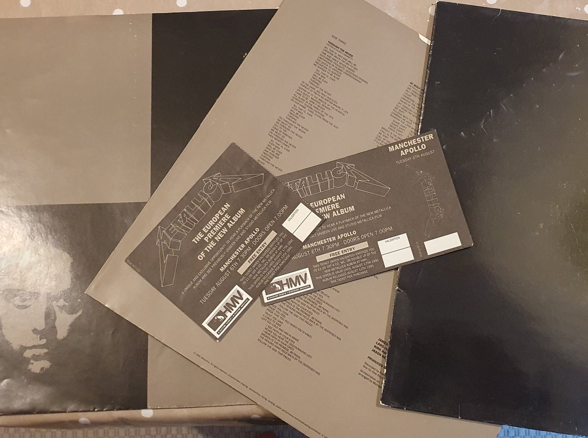 Got this out for a listen, found some tickets to a listening party at Manchester Apollo. #Metallica #BlackAlbum #Metal #Memories
