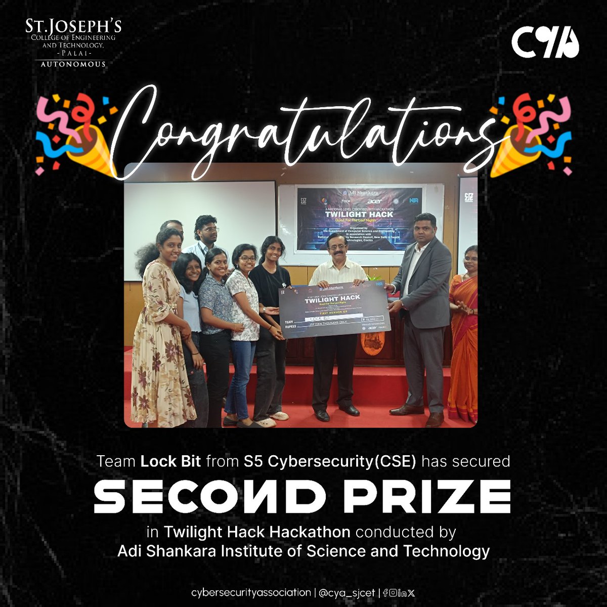CyaSjcet's tweet image. Cybersecurity Association proudly announces that 

Ms. Sneha Prasanth, Ms. Haritha S , Ms. Niveditha Balaji, Ms. Sherin Mariya James, Ms. Angel Anna Joseph

of S5, CSE(CY) secured 2nd position  and won 15k at TWILIGHT HACK  Congratulations! 

#cybersecurityassociation
#CYA