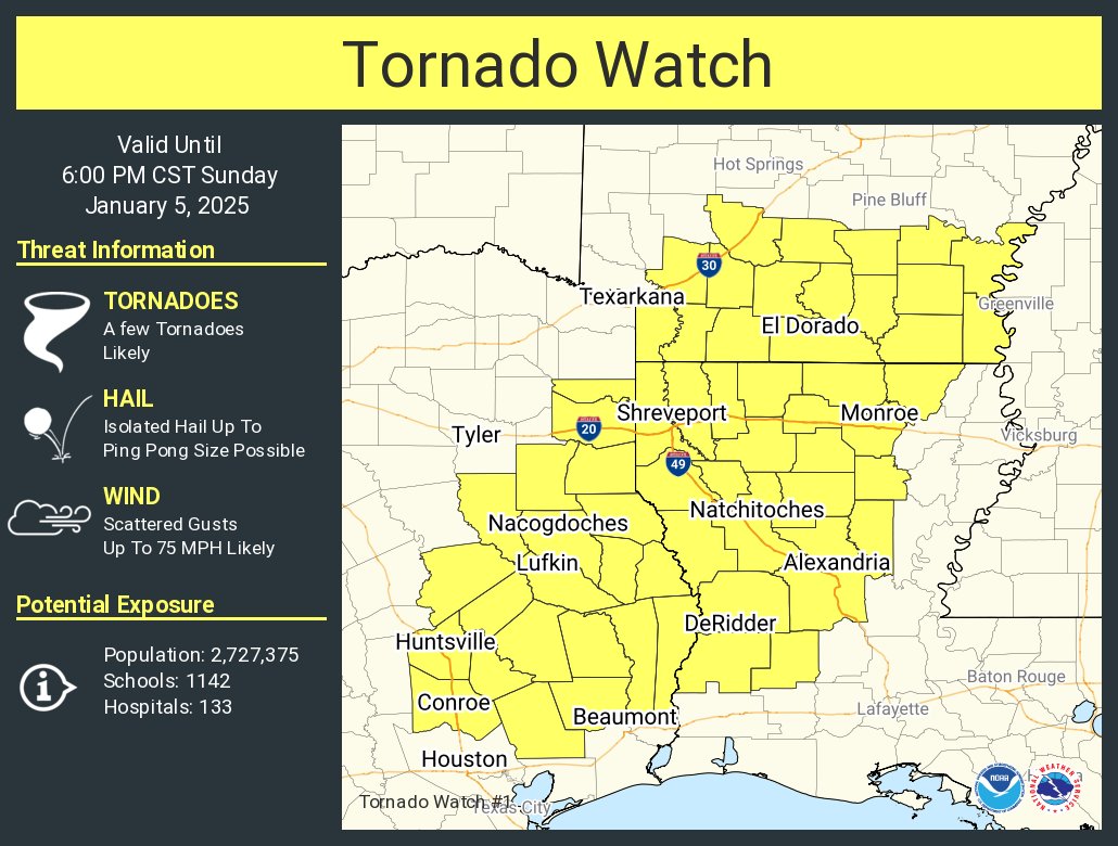 A tornado watch has been issued for parts of Arkansas, Louisiana and Texas until 6 PM CST