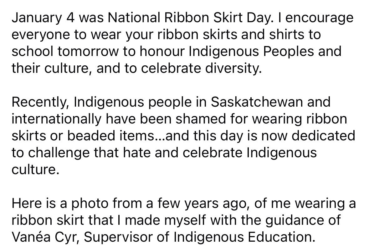Tomorrow, Monday, January 6, <a href="/RegPublicSchool/">Regina Public Schools</a> goes back to school! 
🎉 

I hope you’ve had a wonderful and restful winter break. 

Happy Back to School and Happy #NationalRibbonSkirtDay <a href="/ven2024/">Vanea Cyr</a> .