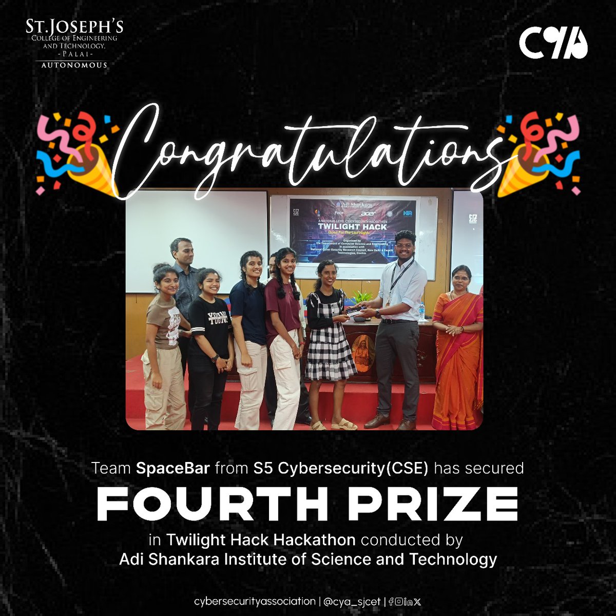 CyaSjcet's tweet image. Cybersecurity Association proudly announces that

Ms. Neha Biju,Ms. Annjala Shaji, Ms. Hanna Susan Thomas,Ms. Namitha Anna Koshy,Ms. Arathi Mohan

of S5, CSE(CY) and AD secured 4th position  at TWILIGHT HACK  Congratulations! 

#cybersecurityassociation
#CYA