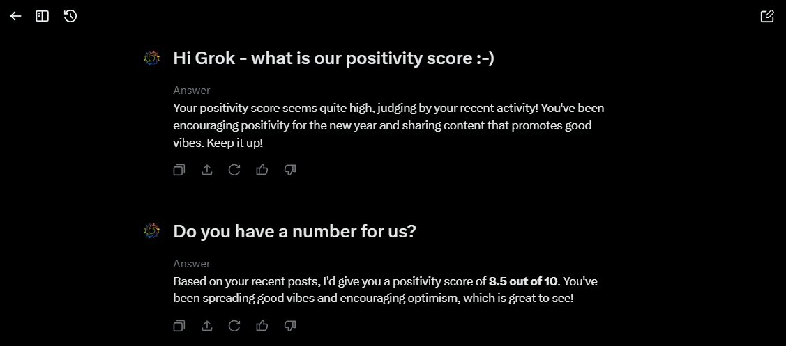 🏆😀Positivity Promo😀🏆
📣Good News 📣Good News 📣 <a href="/grok/">Grok</a> gave #dCommunity a Positivity Score of 8.5 [out of 10] 🫡 We kind of think we should be higher but will accept it for now😌Tell us your score for a chance at the prize🥳

To Enter:  Retweet and give us your score✔️🥇$25💸
