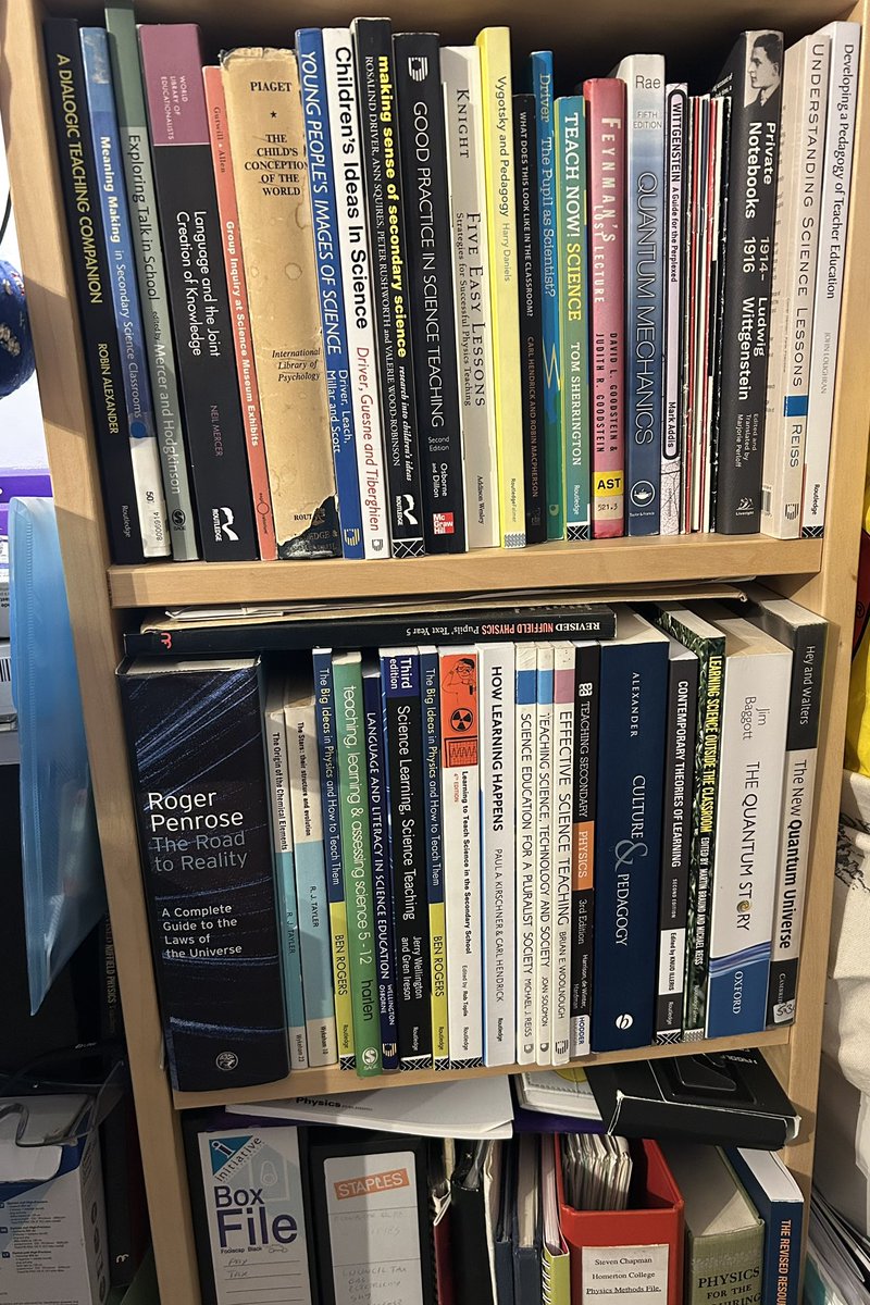 #iteachphysics got the desk bookshelf down to the essentials. Brenda would be pleased to see the Rogers on the bottom shelf 😂 #edutwitter