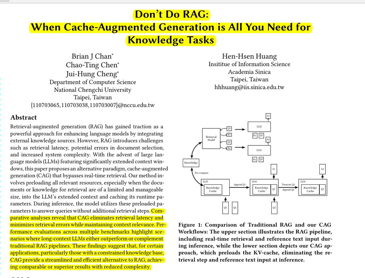 rohanpaul_ai's tweet image. Precomputed key-value caches make knowledge retrieval 40x faster than traditional RAG.
Cache-augmented generation replaces traditional retrieval-augmented generation by preloading documents and precomputing key-value caches, making knowledge tasks faster and more accurate.…