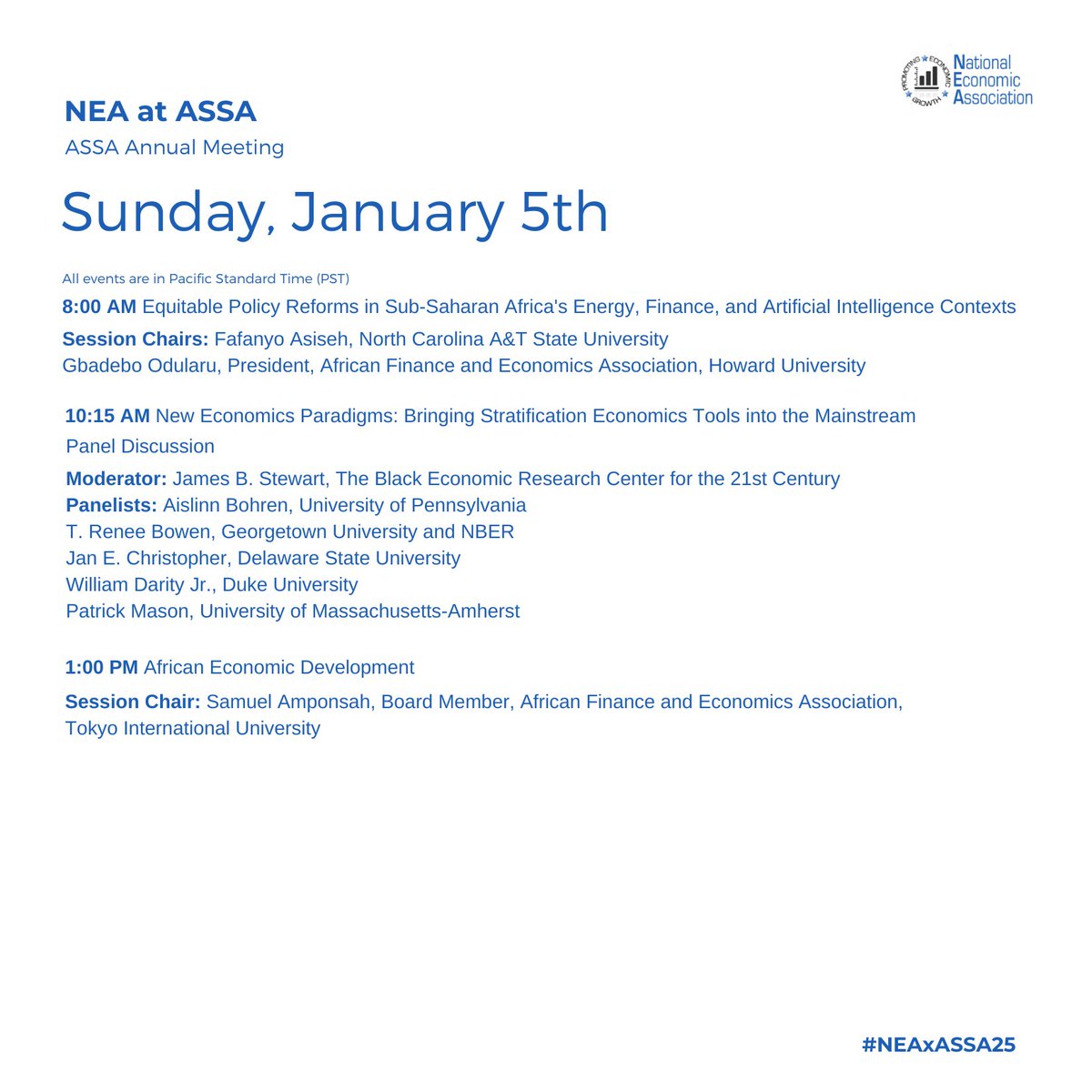 NEAEcon (@neaecon) on Twitter photo We've entered the final stretch, partnering with <a href="/AfeaAfrican/">AFrican Economic Association (AfEA)</a> for Day 3 of #ASSA2025
AFEA President, <a href="/GbadeboOdularu1/">Gbadebo Odularu</a> is facilitating a rich discussion on African Economic Development. We've entered the final stretch, partnering with <a href="/AfeaAfrican/">AFrican Economic Association (AfEA)</a> for Day 3 of #ASSA2025
AFEA President, <a href="/GbadeboOdularu1/">Gbadebo Odularu</a> is facilitating a rich discussion on African Economic Development.