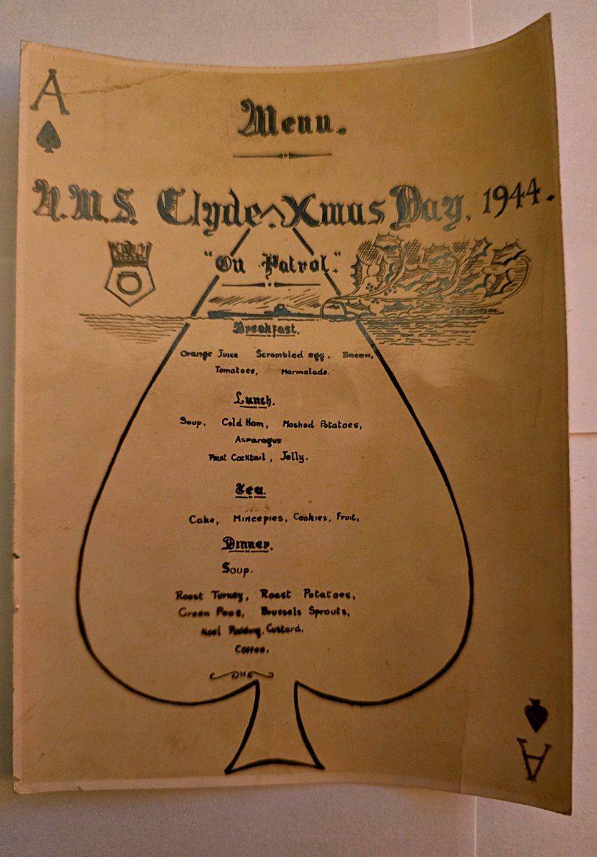 This was passed down to me 20 years ago by my Grandad Robert Routledge Harkness who was a stoker on several different submarines during World War 2.  This is a picture of the menu aboard the HMS Clyde on Christmas Day 1944.  #HMSClyde #Worldwartwo #Submarines #RoyalNavy